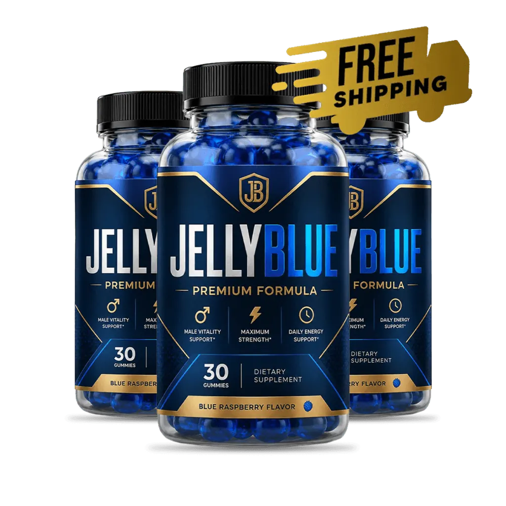 JellyBlue three bottle package of men's wellness gummies with free US shipping